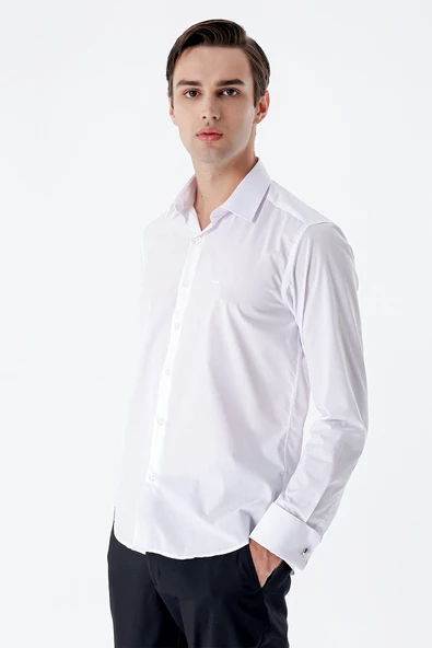 Beyaz Uzun Kollu   Sert Yaka Cepsiz  Pamuklu Basic Slim Fit Dar Kesim Gömlek 1004240059
