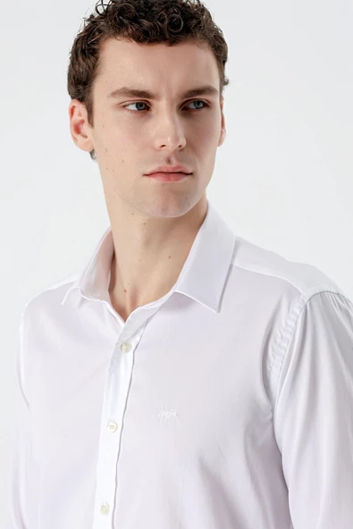 Beyaz Uzun Kollu   Sert Yaka Cepsiz  %100 Pamuk Klasik Slim Fit Dar Kesim Gömlek 1004235424 - Resim 5