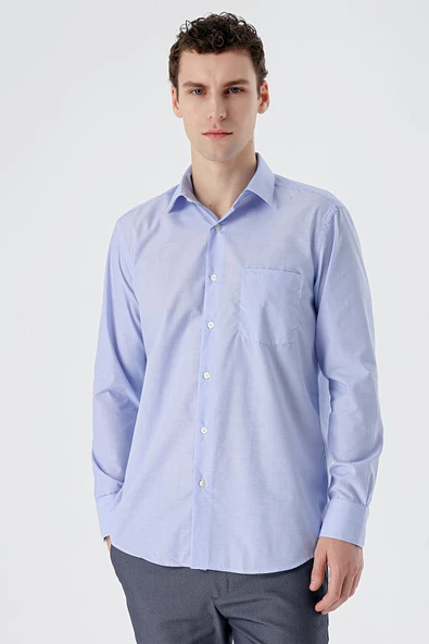 Mavi Uzun Kollu Filafil  Sert Yaka Cepli  Pamuklu Basic Comfort Fit Gömlek 1004240002