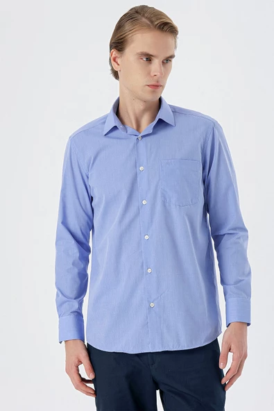 Mavi Uzun Kollu Filafil  Sert Yaka Cepli  Pamuklu Basic Comfort Fit Gömlek 1004240002 - Resim 3
