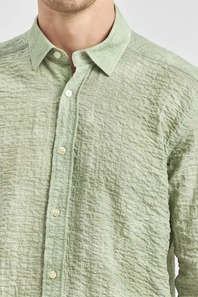 Koyu Yeşil Uzun Kollu Baskılı Gofreli Cepsiz Pamuklu Likralı Slim Fit Gömlek 1004240100 - Resim 3