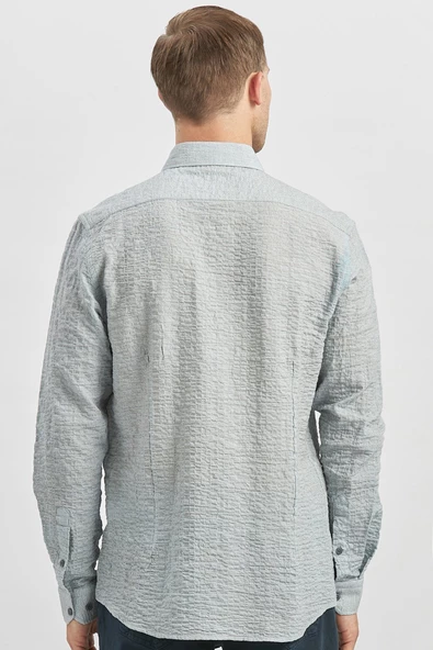 Koyu Lacivert Uzun Kollu Baskılı Gofreli  Cepsiz  Pamuklu Likralı Klasik Slim Fit Gömlek 1004240102 - Resim 6