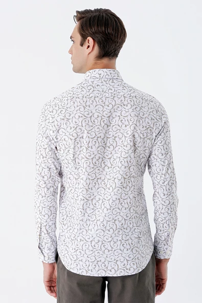 Bej Uzun Kollu Baskılı Bez Ayağı Cepsiz Pamuklu Likralı Klasik Slim Fit Gömlek 1004235208 - Resim 6