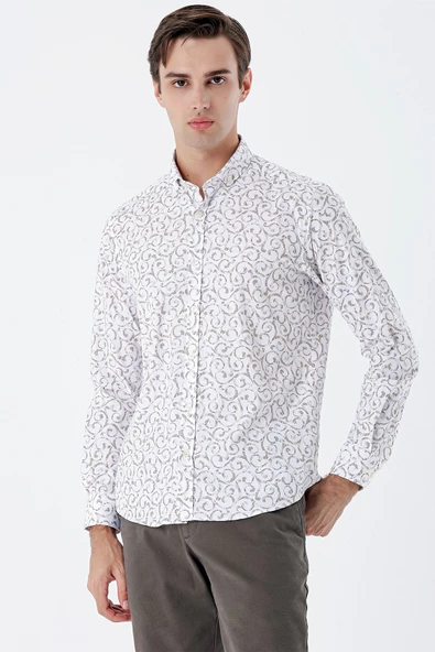 Bej Uzun Kollu Baskılı Bez Ayağı Cepsiz Pamuklu Likralı Klasik Slim Fit Gömlek 1004235208 - Resim 2
