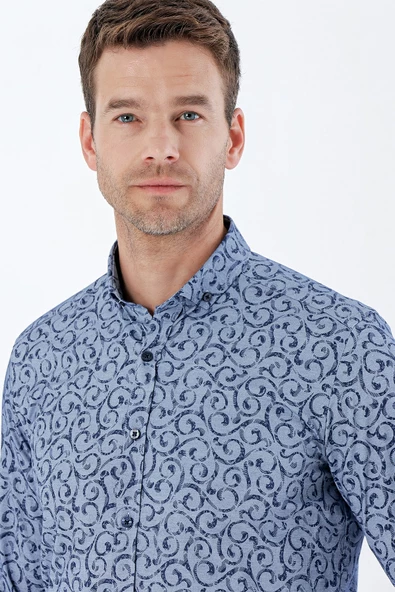 Koyu Lacivert Uzun Kollu Baskılı Bez Ayağı Cepsiz Pamuklu Likralı Klasik Slim Fit Gömlek 1004235208 - Resim 5