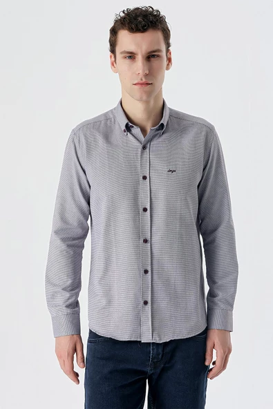 Bordo Uzun Kollu Desenli Armürlü Düğmeli Yaka Cepsiz  Pamuklu Klasik Slim Fit Gömlek 1004235148 - 2