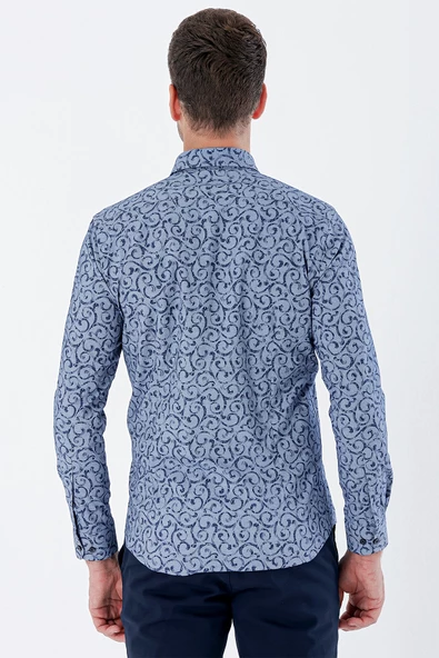 Koyu Lacivert Uzun Kollu Baskılı Bez Ayağı Cepsiz Pamuklu Likralı Klasik Slim Fit Gömlek 1004235208 - Resim 6
