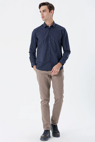 Koyu Lacivert Uzun Kollu Baskılı Cepsiz Pamuklu Klasik Slim Fit Gömlek 1004235146 - 6