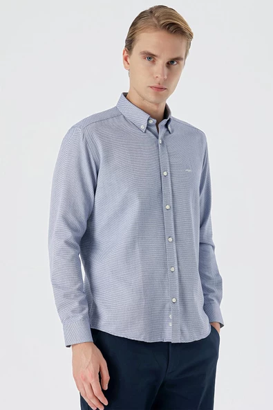 Koyu Lacivert Uzun Kollu Armürlü Cepsiz Pamuklu Klasik Slim Fit Gömlek 1004235148 - Resim 3