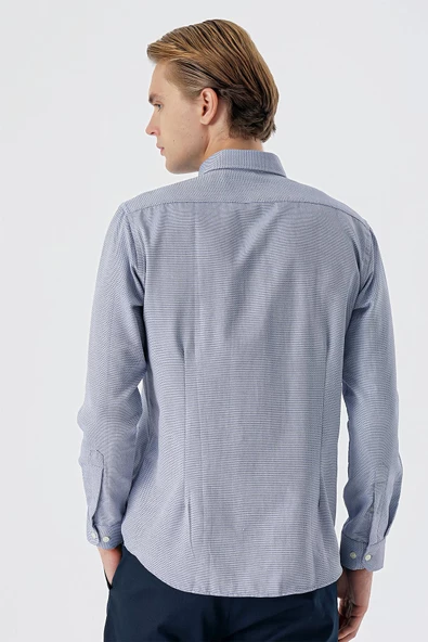 Koyu Lacivert Uzun Kollu Armürlü Cepsiz Pamuklu Klasik Slim Fit Gömlek 1004235148 - Resim 6