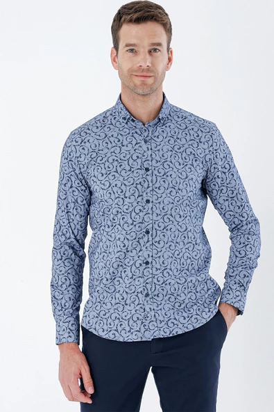 Koyu Lacivert Uzun Kollu Baskılı Bez Ayağı Cepsiz Pamuklu Likralı Klasik Slim Fit Gömlek 1004235208 - Resim 2