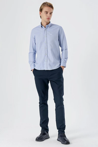Koyu Mavi Uzun Kollu Desenli Armürlü Düğmeli Yaka Cepsiz  Pamuklu Klasik Slim Fit Gömlek 1004235148 - 4