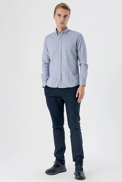 Koyu Lacivert Uzun Kollu Armürlü Cepsiz Pamuklu Klasik Slim Fit Gömlek 1004235148 - Resim 4