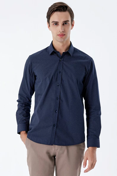 Koyu Lacivert Uzun Kollu Baskılı Cepsiz Pamuklu Klasik Slim Fit Gömlek 1004235146 - 5