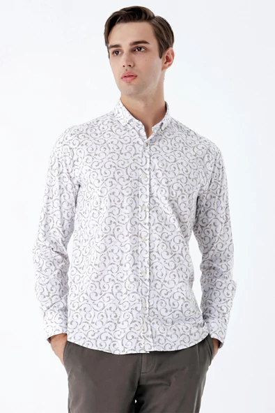 Bej Uzun Kollu Baskılı Bez Ayağı Cepsiz Pamuklu Likralı Klasik Slim Fit Gömlek 1004235208 - Resim 3