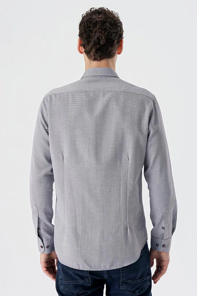 Bordo Uzun Kollu Desenli Armürlü Düğmeli Yaka Cepsiz  Pamuklu Klasik Slim Fit Gömlek 1004235148 - 6