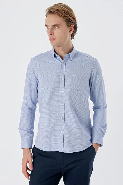 Koyu Mavi Uzun Kollu Desenli Armürlü Düğmeli Yaka Cepsiz  Pamuklu Klasik Slim Fit Gömlek 1004235148 - 2