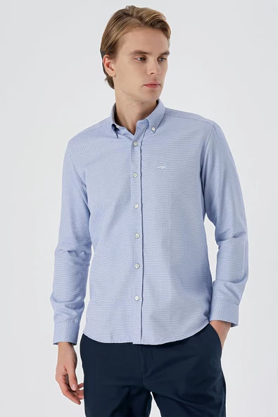 Koyu Mavi Uzun Kollu Desenli Armürlü Düğmeli Yaka Cepsiz  Pamuklu Klasik Slim Fit Gömlek 1004235148 - 3