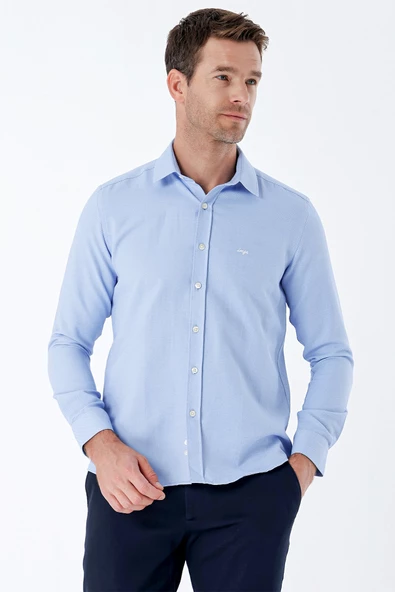Mavi Uzun Kollu Desenli Armürlü Sert Yaka Cepsiz Klasik Slim Fit Dar Kesim Gömlek 1004235149