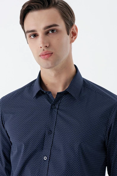 Koyu Lacivert Uzun Kollu Baskılı Cepsiz Pamuklu Klasik Slim Fit Gömlek 1004235146 - 7