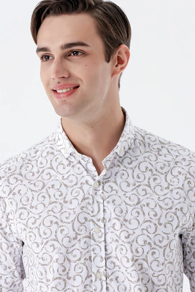 Bej Uzun Kollu Baskılı Bez Ayağı Cepsiz Pamuklu Likralı Klasik Slim Fit Gömlek 1004235208 - Resim 5