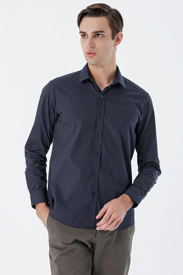 Lacivert Uzun Kollu Baskılı  Sert Yaka Cepsiz  Pamuklu Klasik Slim Fit Dar Kesim Gömlek 1004235146 ürün görseli