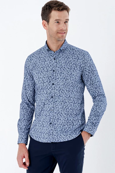 Koyu Lacivert Uzun Kollu Baskılı Bez Ayağı Cepsiz Pamuklu Likralı Klasik Slim Fit Gömlek 1004235208 - Resim 3