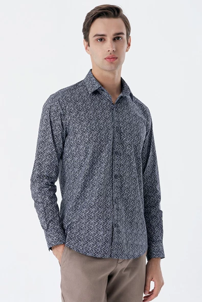 Koyu Lacivert Uzun Kollu Baskılı Cepsiz Pamuklu Likralı Klasik Slim Fit Gömlek 1004235127 - Resim 3