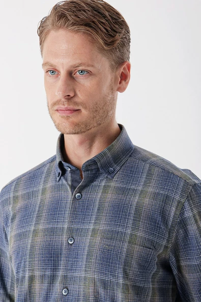 Koyu Lacivert Uzun Kollu Ekoseli Cepli Garnili Pamuklu Klasik Comfort Fit Gömlek 1004235143 - Resim 5