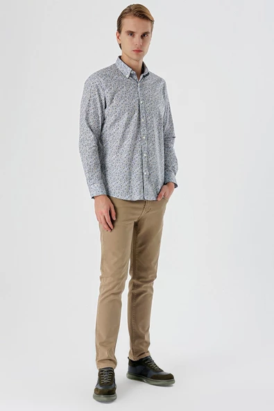 Beyaz Uzun Kollu Baskılı  Düğmeli Yaka Cepsiz  Pamuklu Likralı Klasik Slim Fit Gömlek 1004235126 - Resim 5