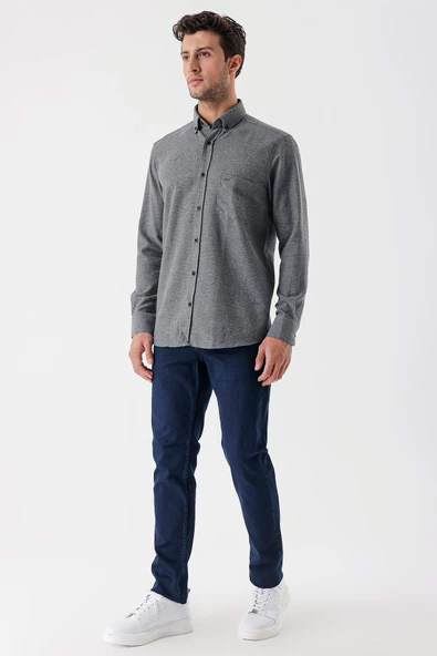 Füme Uzun Kollu Desenli Armürlü Düğmeli Yaka Cepli  Pamuklu  Comfort Fit Gömlek 1004235139 - Resim 4