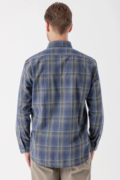 Koyu Lacivert Uzun Kollu Ekoseli Cepli Garnili Pamuklu Klasik Comfort Fit Gömlek 1004235143 - Resim 6