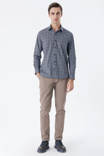 Koyu Lacivert Uzun Kollu Baskılı Cepsiz Pamuklu Likralı Klasik Slim Fit Gömlek 1004235127 - Resim 4