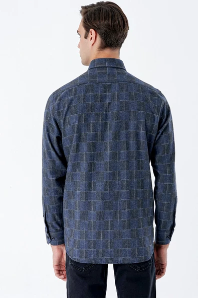 Koyu Lacivert Uzun Kollu Ekoseli Cepli Garnili Pamuklu Klasik Comfort Fit Gömlek 1004235142 - Resim 6