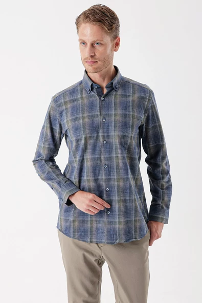 Koyu Lacivert Uzun Kollu Ekoseli Cepli Garnili Pamuklu Klasik Comfort Fit Gömlek 1004235143 - Resim 2