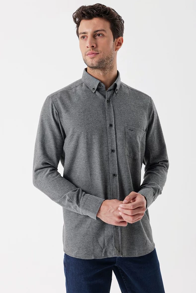 Füme Uzun Kollu Desenli Armürlü Düğmeli Yaka Cepli  Pamuklu  Comfort Fit Gömlek 1004235139 - Resim 2