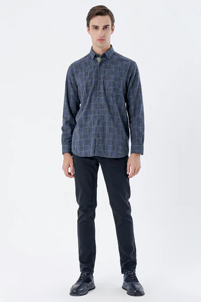Koyu Lacivert Uzun Kollu Ekoseli Cepli Garnili Pamuklu Klasik Comfort Fit Gömlek 1004235142 - Resim 2