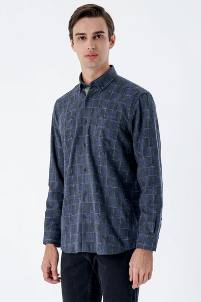 Koyu Lacivert Uzun Kollu Ekoseli Cepli Garnili Pamuklu Klasik Comfort Fit Gömlek 1004235142 - Resim 5