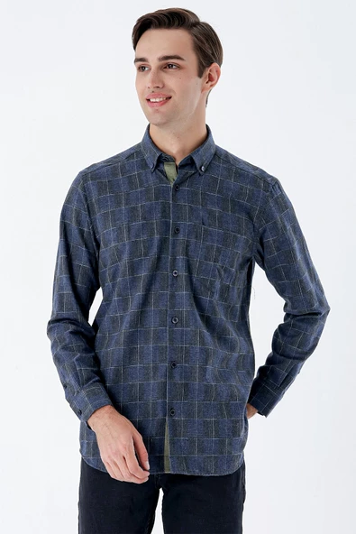 Koyu Lacivert Uzun Kollu Ekoseli Cepli Garnili Pamuklu Klasik Comfort Fit Gömlek 1004235142 - Resim 3