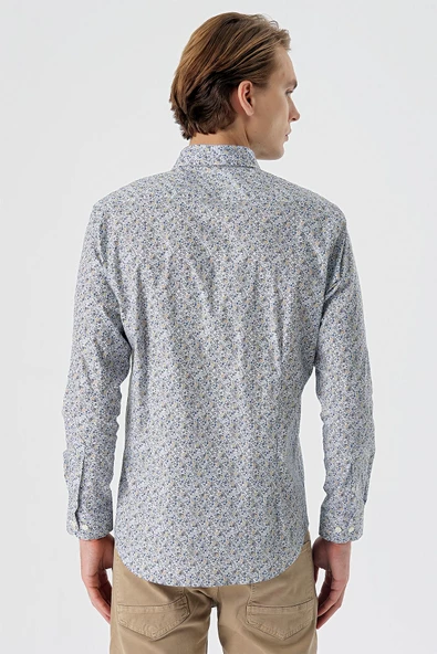 Beyaz Uzun Kollu Baskılı  Düğmeli Yaka Cepsiz  Pamuklu Likralı Klasik Slim Fit Gömlek 1004235126 - Resim 2