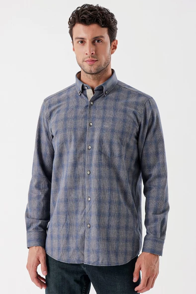 Gri Uzun Kollu Ekoseli Düğmeli Yaka Cepli Garnili Pamuklu Klasik Comfort Fit Gömlek 1004235144 - Resim 2