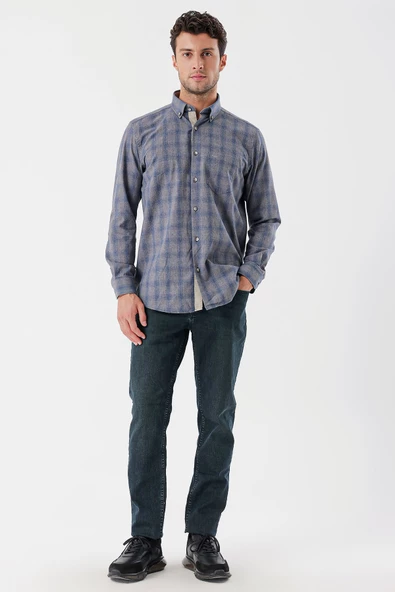 Gri Uzun Kollu Ekoseli Düğmeli Yaka Cepli Garnili Pamuklu Klasik Comfort Fit Gömlek 1004235144 - Resim 3