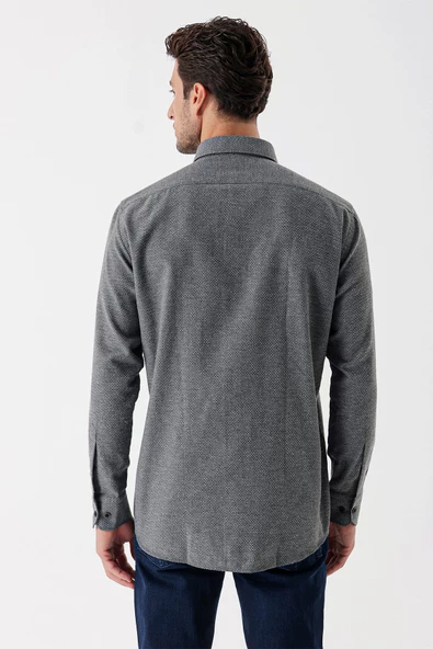 Füme Uzun Kollu Desenli Armürlü Düğmeli Yaka Cepli  Pamuklu  Comfort Fit Gömlek 1004235139 - Resim 6