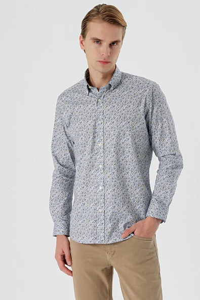 Beyaz Uzun Kollu Baskılı  Düğmeli Yaka Cepsiz  Pamuklu Likralı Klasik Slim Fit Gömlek 1004235126 ürün görseli