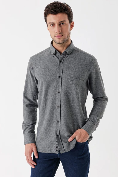 Füme Uzun Kollu Desenli Armürlü Düğmeli Yaka Cepli  Pamuklu  Comfort Fit Gömlek 1004235139 - Resim 3