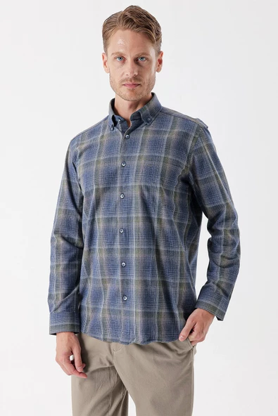 Koyu Lacivert Uzun Kollu Ekoseli Cepli Garnili Pamuklu Klasik Comfort Fit Gömlek 1004235143 - Resim 3