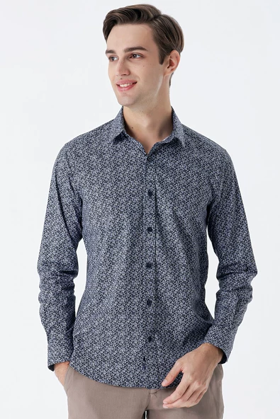 Koyu Lacivert Uzun Kollu Baskılı Cepsiz Pamuklu Likralı Klasik Slim Fit Gömlek 1004235127 - Resim 2