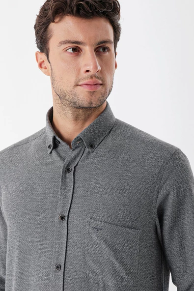 Füme Uzun Kollu Desenli Armürlü Düğmeli Yaka Cepli  Pamuklu  Comfort Fit Gömlek 1004235139 - Resim 5