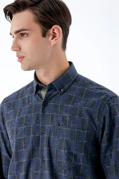 Koyu Lacivert Uzun Kollu Ekoseli Cepli Garnili Pamuklu Klasik Comfort Fit Gömlek 1004235142 - Resim 4