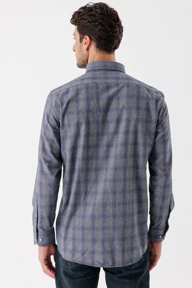 Gri Uzun Kollu Ekoseli Düğmeli Yaka Cepli Garnili Pamuklu Klasik Comfort Fit Gömlek 1004235144 - Resim 6